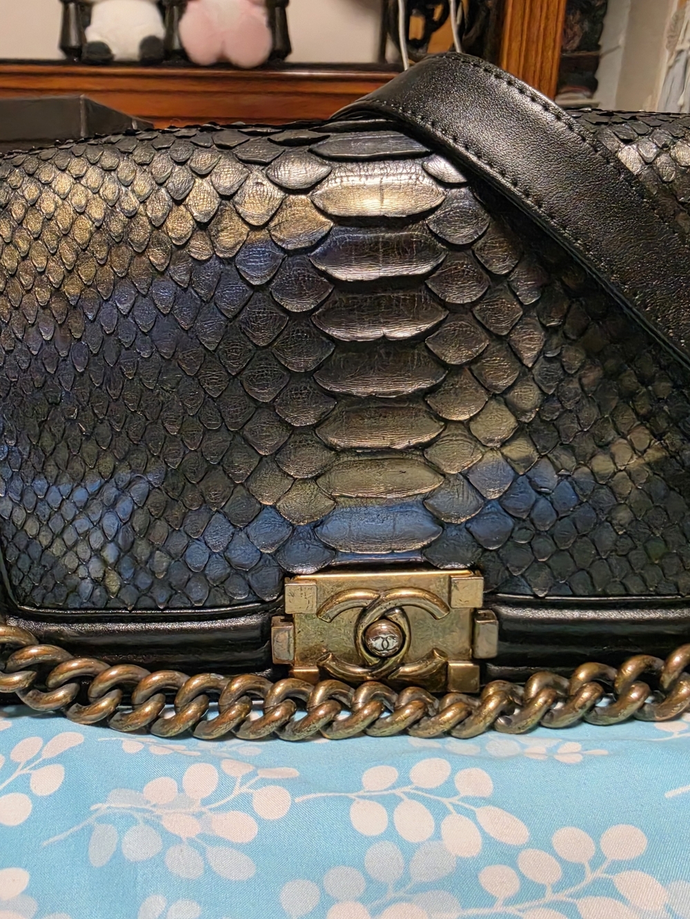 CHANEL Black Iridescent Python Shoulder Bag with Gold Hardware